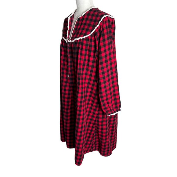 Lanz Of Salzburg Buffalo Plaid Flannel Nightgown Size Large Red Black Buttons - Picture 3 of 7